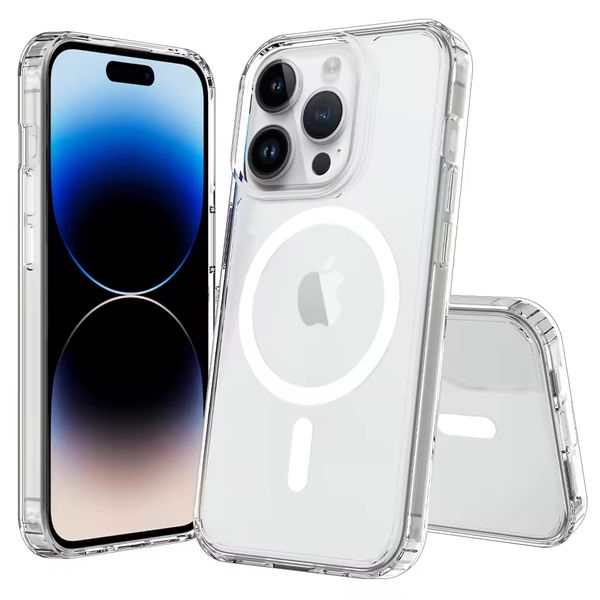 Capa de telefone magnética transparente à prova de choque para iPhone 15 Pro Max 14 Plus 13 Mini 12 11 XR 8 7 Clear MagSafe Soft TPU Hard Mobile Cover