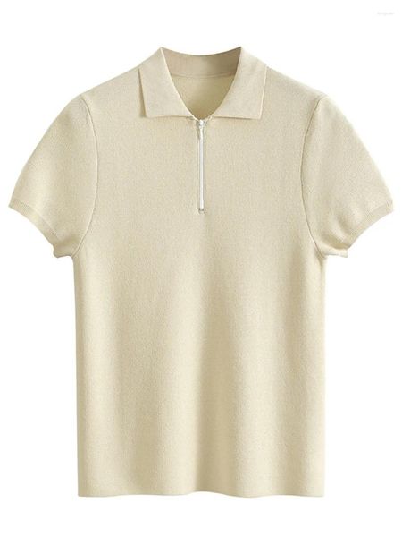 Damen-T-Shirts, halber Reißverschluss, gestrickt, kurzärmelig, T-Shirt, Oberteil, Damen, Umlegekragen, elastisch, schmale Passform, Strickwaren-T-Shirt