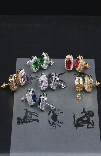 Hip hop pedra cheia colorido orelha studs masculino bling gelado para fora brincos de diamante vermelho verde azul gem rubi esmeralda safira jóias 6091742