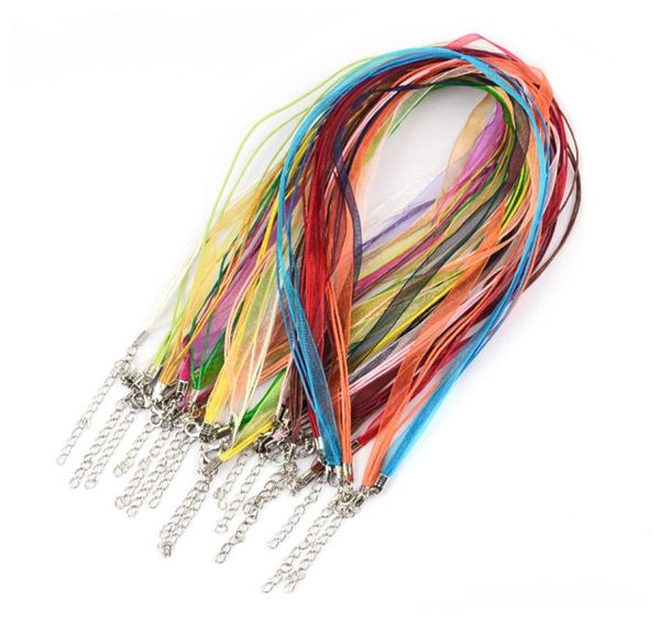 100 pçs 18quot diy jóias fazendo organza fita colar cinta cabos coloridos voile corda lagosta fecho cera cordão chain3687993