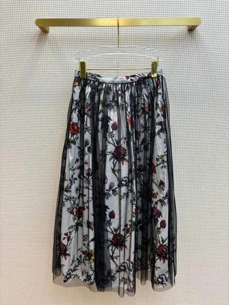 Saias 2024 Moda Plissada Mulheres Cintura Alta Malha Patchwork Floral Padrão Doce Maxi Saia Longa