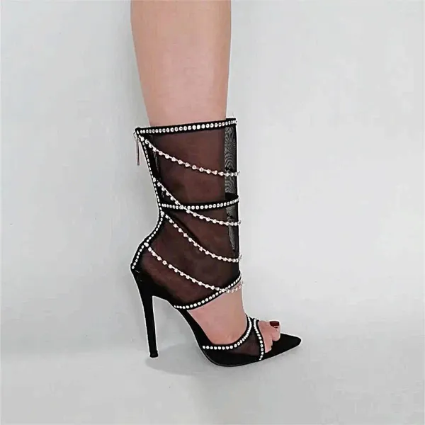 Sapatos de vestido apontado dedo do pé stiletto ultra salto alto back zip sandálias preto malha diamante transparente sexy moda botas mulheres sandalia