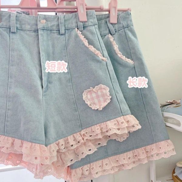 Kadın Şortları Pembe Dantel Ruffles Patchwork Kısa Kot pantolon Y2K High Street Açık Mavi Tatlı Ekose Kadın Denim Yaz İnce Fermuarı Koreli