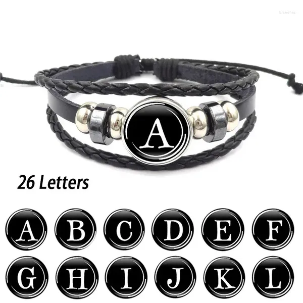 Charme Pulseiras 26 Letras A-Z Mão Tecido Gemstone Pulseira Homens ID Amizade Punk Esporte Ajustável Couro Preto Para Mulheres Crianças Presentes