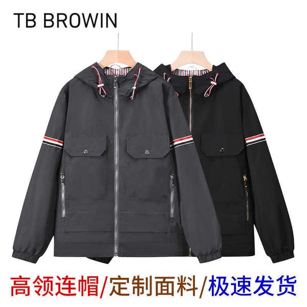 Jaquetas masculinas TB BROWIN outono novo com capuz masculino vermelho branco e azul listra esportes zíper casaco