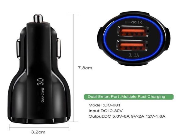 31A QC30 Carica rapida rapida Doppie porte USB Caricabatterie per auto Adattatori di alimentazione per Iphone 7 8 11 12 13 mini Samsung Huawei Telefono Android p2243294