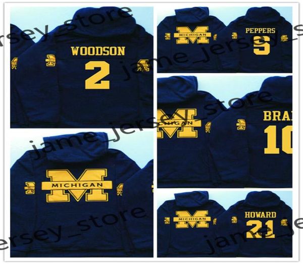 Michigan Wolverines costurado pulôver com capuz Jersey 2 Charles Woodson 4 Jim Harbaugh 5 Jabrill Peppers 10 Tom Brady 21 Desmond How6416284
