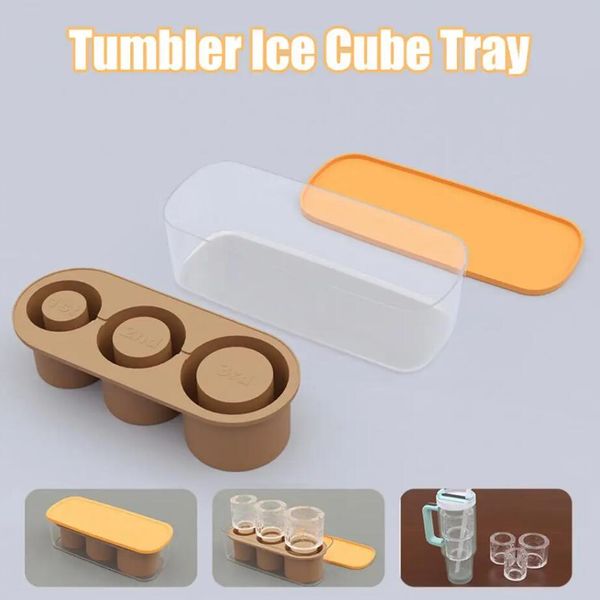 Tumbler Silicone Ice Cube Bandeja com Tampa 3 Cavidades Food Grade Geladeira Verão 40oz Copo Cilindro Ice Ball Maker Mold Kitch 0307