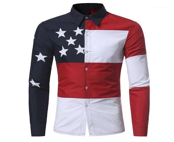 U.S.A. Aman Flag Pattern Patchwork Shirts Markenkleidung Herrenhemden Langarm Slim Fit Casual Man Chemise homme14041286