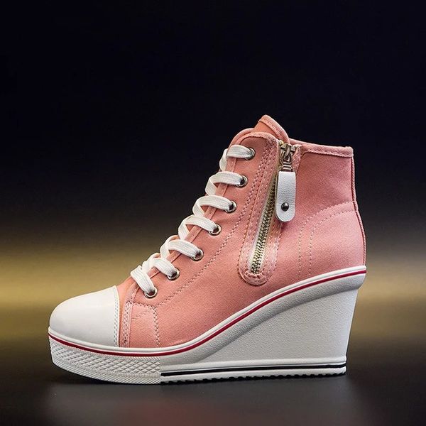 Cunha sapatos de lona mulher plataforma vulcanizada sapatos escondido salto altura crescente sapatos casuais feminino alta ajuda zíper lateral 240228