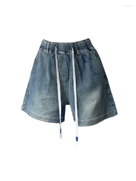 Calças de brim femininas clássico sexy denim shorts mulheres cintura elástica verão design de moda azul rendas até jean perna larga harajuku y2k streetwear