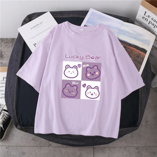 Camiseta 2024 novo verão solto coreano dos desenhos animados ins estilo manga curta roxo oneck meninas tshirt