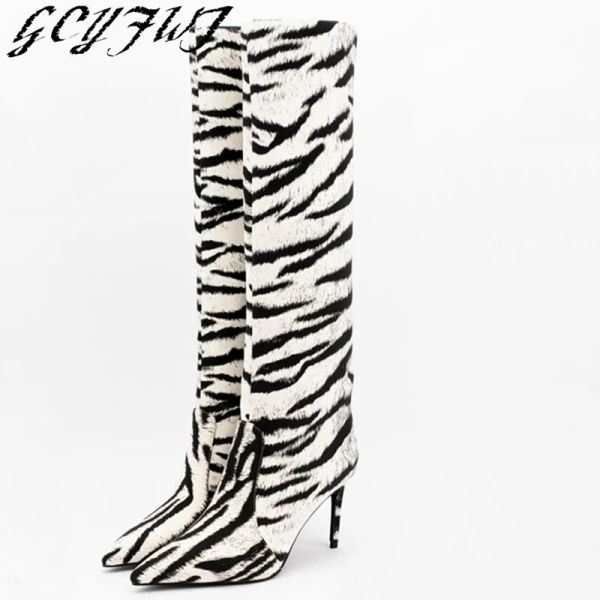 Vestidos tigre impressão botas femininas 9cm salto alto apontou toe tamanho grande 46 sapatos de festa mancha vestido sapatos stiletto slipon joelho botas altas