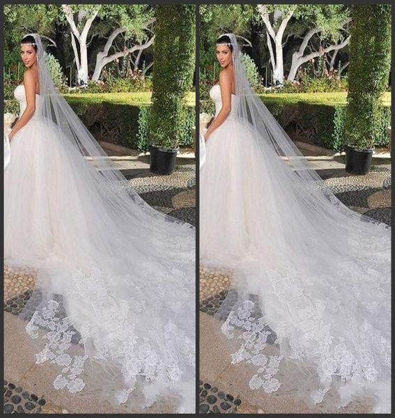 Brautschleier Kim Kardashian New Charming White Ivory One Tiered Cathedral Bride Wedding Veil Custom 3 Meter Lace3240713