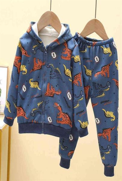 Outono meninos conjuntos de roupas da criança meninas veludo com capuz jaqueta casacos calças roupas do bebê treino para crianças dos desenhos animados conjunto g01195242133
