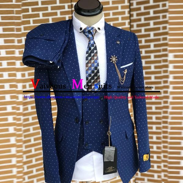 Anzüge zu neuesten Designs Blue Polka Dot Men Suits dort Stück Business Party Blazer Sets Slim Fit Hochzeitsanzug für Männer formelles Abendessen Smoking Smoking