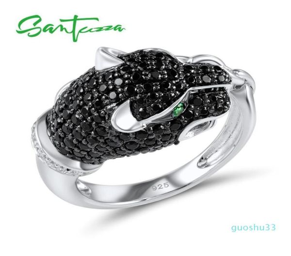 Luxus-Silber-Leoparden-Ring für Damen, 925er-Sterlingsilber, innovativer Tier-Ring mit natürlichen schwarzen Steinen, einzigartiger Modeschmuck Y19058234509