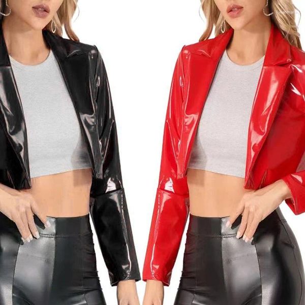 Damenjacken Frauen glänzendes Lackleder Revers abgeschnittener Mantel Langarm Lady Wet Look Clubwear Kurzes Cosplay Partykostüm