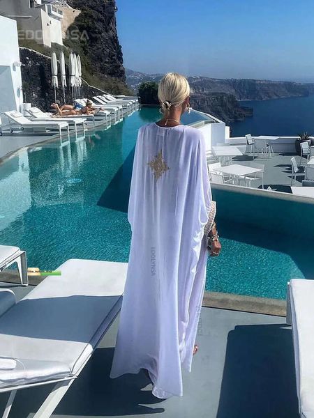 Elegante ouro bordado kaftan retro com decote em v vestido branco plus size roupas femininas verão beach wear nadar maxi vestidos praia vestido saco 278