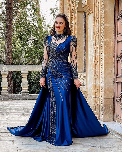 Royal Blue Mermaid gegen Neck Abendkleiderparty Langes Luxus 2024 Perlen Paillettenabschluss