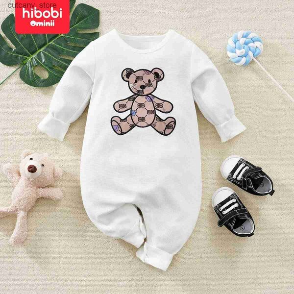 Macacões hibobi verão bebê urso padrão blusa de manga comprida elegante casual em torno do pescoço macacão de bebê adequado para 0-18 meses l240307