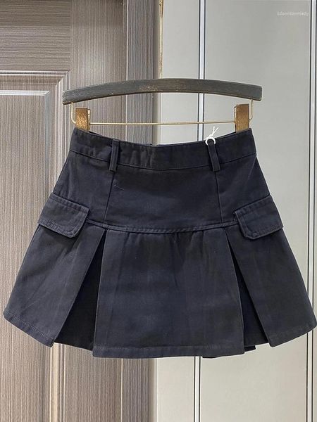 Saias preto estilo coreano cintura alta denim saia plissada mulheres 2024 primavera e verão nicho bainha