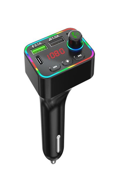 Автомобильное зарядное устройство F4 FM-передатчик Dual USB Порты быстрой зарядки PD Громкая связь или приемник MP3-плеер Красочные атмосферные огни в розничной упаковке4299955