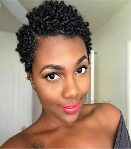 Perucas curtas de corte pixie para mulheres negras afro encaracolado perucas de cabelo humano completas feitas à máquina sem renda frontal 2540346