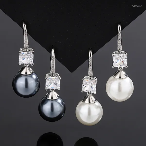 Brincos EYIKA Coreano Elegante 14mm Preto Branco Pérola Dangle Mulheres Quadrado Cristal Zircão Gancho Brinco Banquete de Casamento Jóias