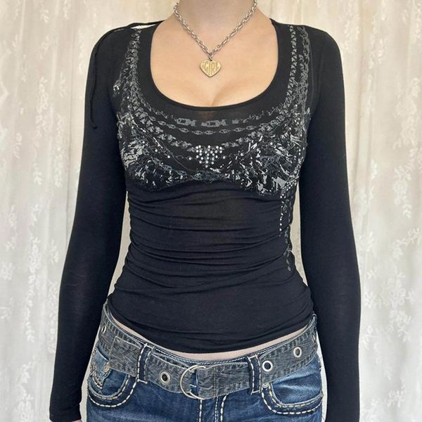 Camiseta feminina manga comprida slim gótica tops retrô strass estampa corrente gola redonda camisetas roupas grunge