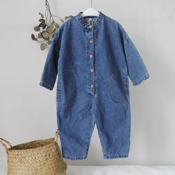 Outono unisex crianças denim macacões estilo coreano chique bebê meninos meninas macacão macio solto calças crianças roupas 240226