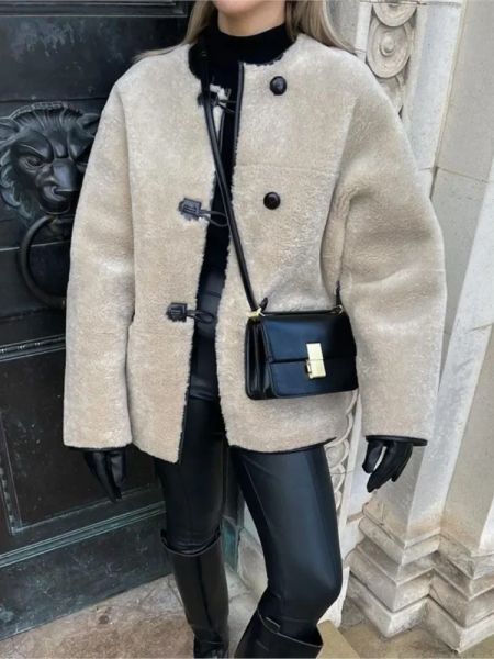 Jaquetas femininas moda sólida lambswool chifre botão casaco solto o pescoço singlebreasted quente topo 2023 inverno senhora elegante duffle jaqueta