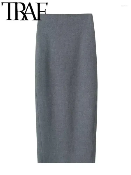 Röcke Elegante graue Frauen Anzug Rock 2024 Herbst Vent Hinter Reißverschluss Hohe Taille Paket Hüfte Weibliche Maxi Lange Y2K