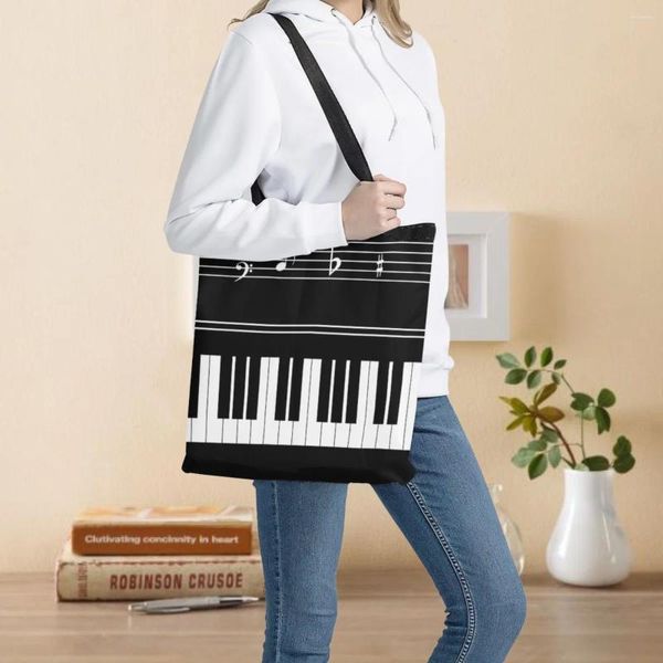 Einkaufstaschen, Klavier mit Musiknote, personalisierbar, Damen-Einkaufstasche, Segeltuch, faltbar, große Schultertasche für Mama, Öko-Einkaufstaschen