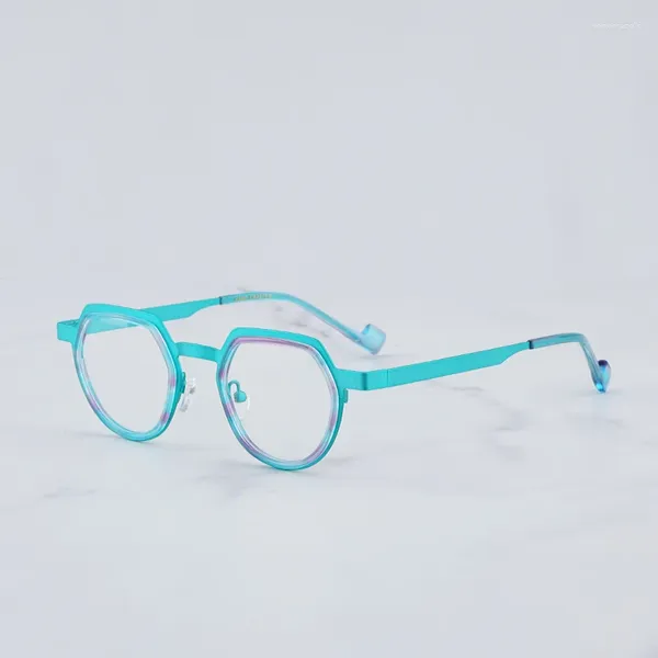 Sonnenbrillenrahmen Designer Hand Craft Solid Blue Brillengestell Männer Shades Retro Runde Edelstahlbrillen für Frauen