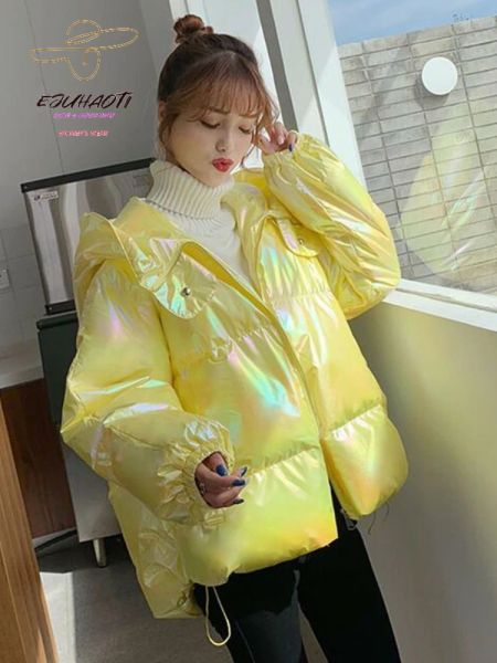 Parka da donna colorato superficie lucida con cappuccio Parka invernale moda coreana addensare cappotto in cotone giacca abbigliamento da donna top larghi e caldi