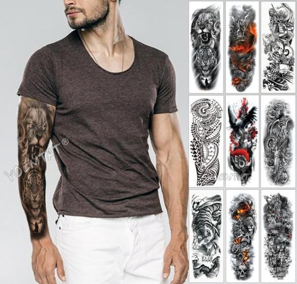 Grande braço manga tatuagem esboço leão tigre impermeável tatuagem temporária adesivo selvagem feroz animal homem pássaro completo totem tatto t2007301428512