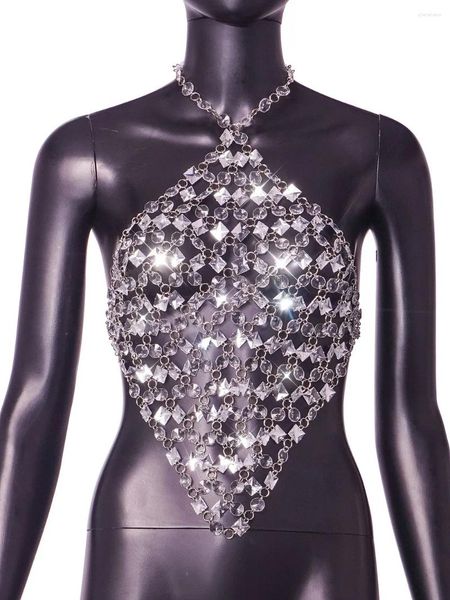 Tanques femininos 2024 sexy oco para fora sutiã de cristal corrente noite clube dança mostrar traje sem costas halter colete topos diamantes jóias de peito