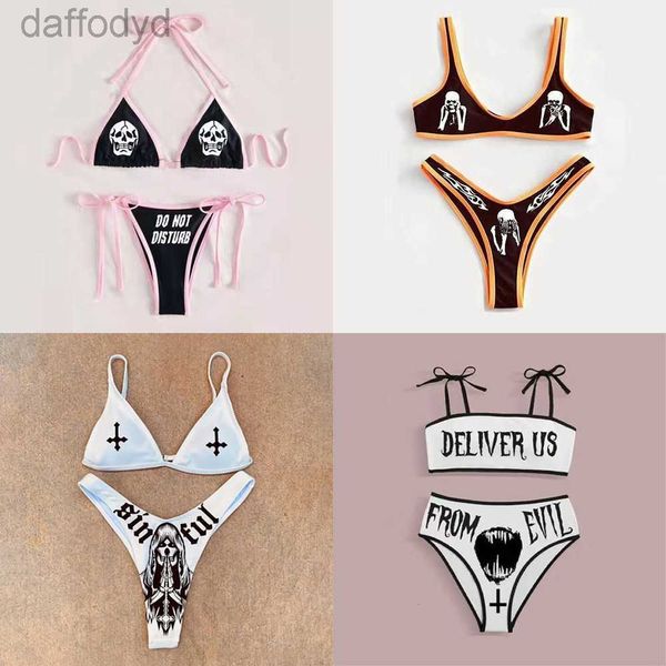 Damen-Bademode Damen-Bademode Punk Gothic Letters Print Bikinis Set Sexy Bikini 2023 Frauen Totenkopfmuster V-Ausschnitt Mode Badeanzug Badeanzug 230420 240307