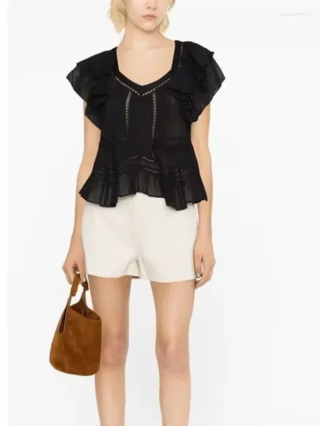 Женские блузки с короткими ажурными оборками, лето 2024, женская хлопковая рубашка с квадратным воротником, милый топ