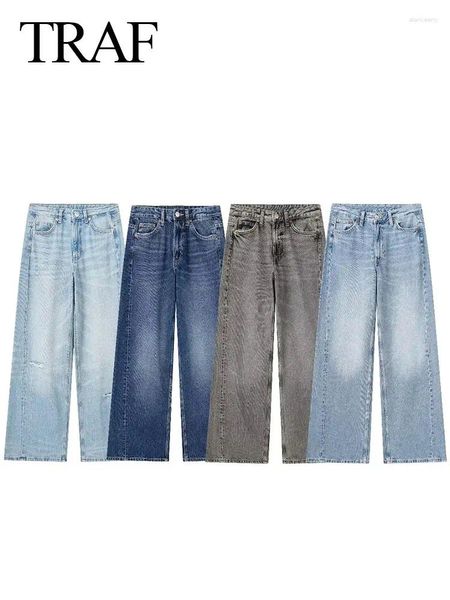 Jeans femininos traf para mulheres moda usada em todas as estações denim calças soltas feminino vintage versátil calças largas perna