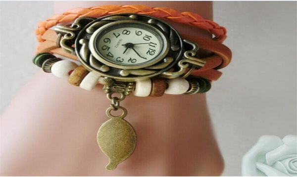 Retro pulseiras de quartzo relógios folha pingente pulseira de couro do plutônio relógio de pulso pulseira vintage tecer envoltório relógio de pulso adolescente meninas malha 1717389