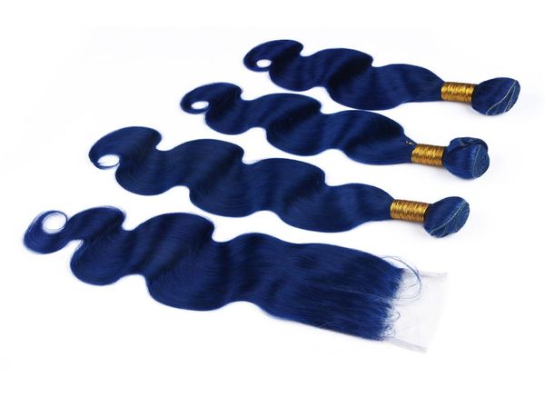 Trama di capelli ondulati corpo blu scuro con chiusura 4x4 onda del corpo colore blu capelli umani estensioni 3 bundle con chiusura in pizzo 4 pezzi lotto3742288