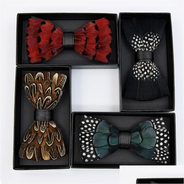 Gravatas Mens Feather Bow Tie Presente Boxed Handmade High End Performance Recepção Banquete Set para Homens em uma caixa Luxuryneck Drop Delive Dhogu