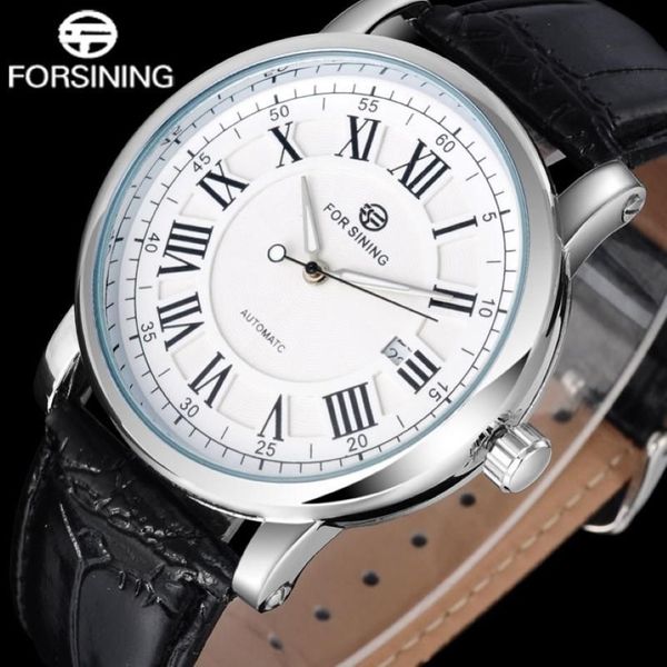 Relógios de pulso 2021 Forsining marca homens relógios simples automático auto vento relógio branco dial data automática numerais romanos couro band289w