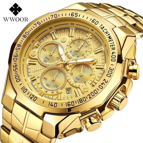 WWOOR Luxus Gold Herren Uhr Top Marke Sport Große Uhren Für Männer Wasserdichte Quarz Datum Armbanduhr Chronograph Männlich Reloj Hombre t233h