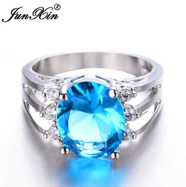 JUNXIN Femminile Lago Blu Anello Ovale Moda Oro Bianco Riempito Gioielli Anelli di Nozze Vintage Per Le Donne Marzo Nascita Pietra Gifts7559050