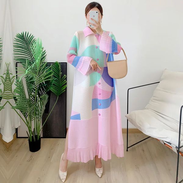 Vestido rosa feminino miyake saia longa plissada de alta qualidade elegante moda cinto lapela solta manga comprida mais vendidos