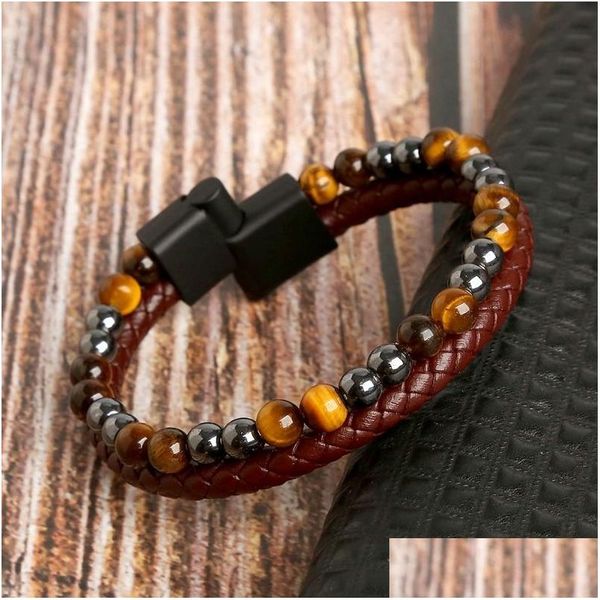 Corrente homens envoltório de couro mitlayer pulseira tigre olho lave pedra natural frisado pulseiras moda jóias presente gota entrega jóias sutiã dhjgd