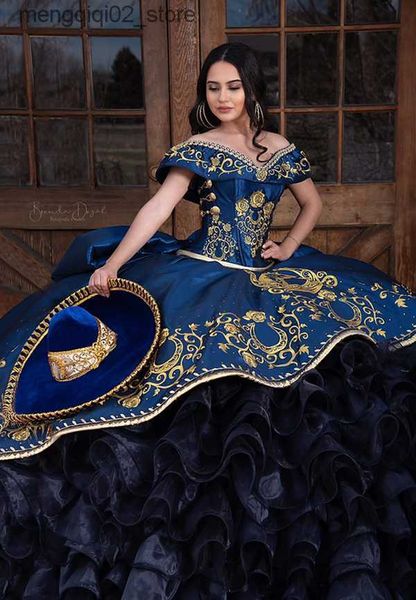 Urban Sexy Dresses Charro besticktes blaues Quinceanera-Kleid mit abnehmbarer Schleppe, schulterfrei, Schleife am Rücken, Korsett, 15, Mädchen, Party, Abschlussball, Ballkleid Q240307